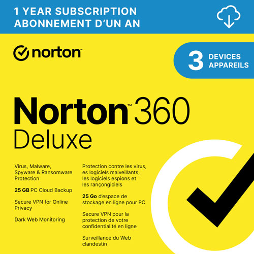 Image 1 de 13.. Norton 360 Deluxe - 3 appareils - Stockage infonuagique de 25 Go - Abonnement de 1 an - Téléchargement numérique