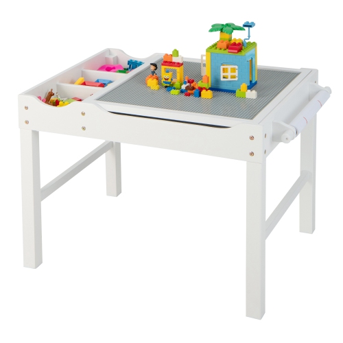 Image 1 de 10.. Table de jeu en bois avec blocs de construction et rouleau de papier de rangement pour enfants de Costway