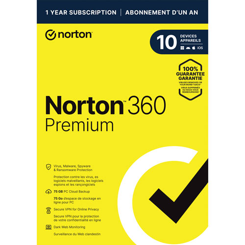 Image 1 de 11.. Norton 360 Premium - 10 appareils - Stockage infonuagique de 75 Go - Abonnement de 1 an