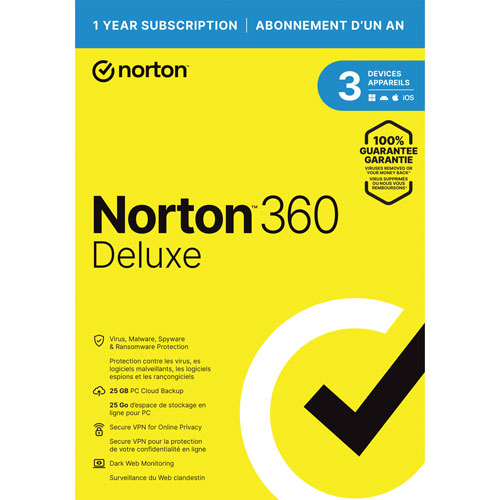 Image 1 de 11.. Norton 360 Deluxe - 3 appareils - Stockage infonuagique de 25 Go - Abonnement de 1 an