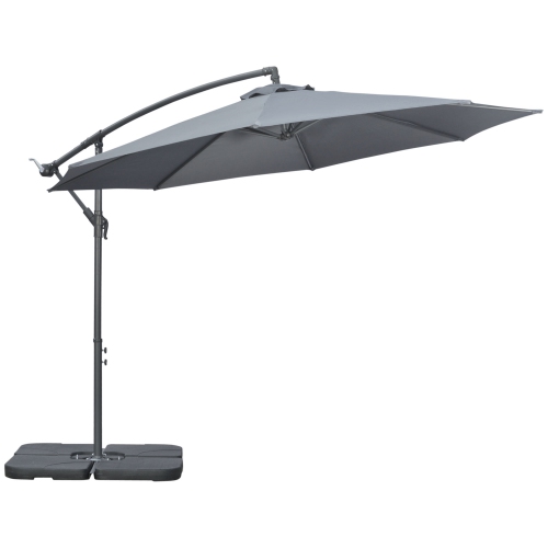 Image 1 de 9.. Parasol excentré Outsunny 9,6&nbsp;pi avec base, parasol suspendu jardin avec manivelle, parasol en porte-à-faux banane, gris foncé