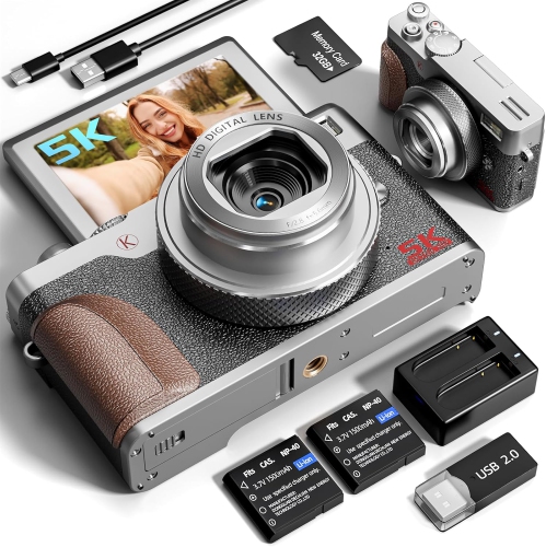 Image 1 of 8.. Digital Camera, 64MP Cameras for Photography, 5K Vlogging Camera for YouTube, 180°Flip Screen Digital Point and Shoot Camera with 18X Zoom, Compact