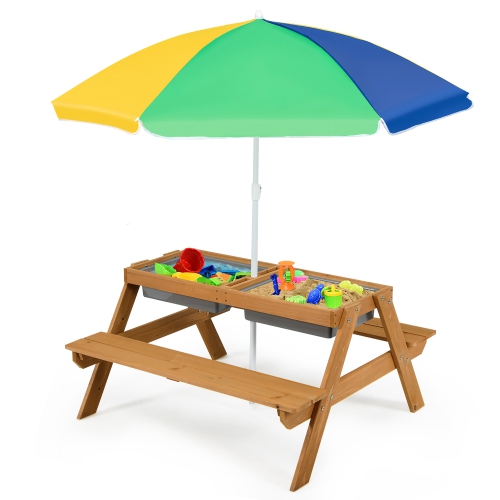Image 1 de 10.. Table de pique-nique en bois 3-en-1 pour enfants avec boîtes de rangement pour parasol de Costway
