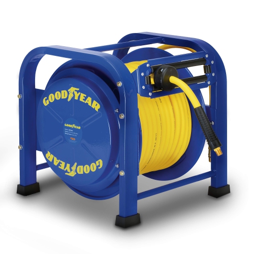 Image 1 de 6.. Dévidoir à tuyau d'air rétractable Goodyear, 3⁄8 po x 100 pi, 300&nbsp;lb/po², acier à ressort, industriel robuste, tuyau flexible en polymère