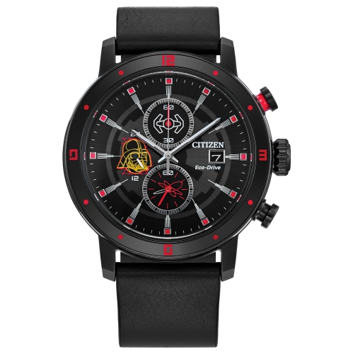 Image 1 de 5.. Montre pour hommes à éco-conduite japonaise Darth Vader de Star Wars, 44&nbsp;mm boîtier en inox noir, bracelet en cuir et cadran noir