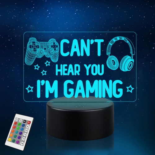 Image 1 de 8.. Lampe de jeu Gamer Night Light pour garçons, 3D Illusion Gamer Lamp Can't Hear You I'm Gaming avec lampe de chevet à 16 DEL de couleur et