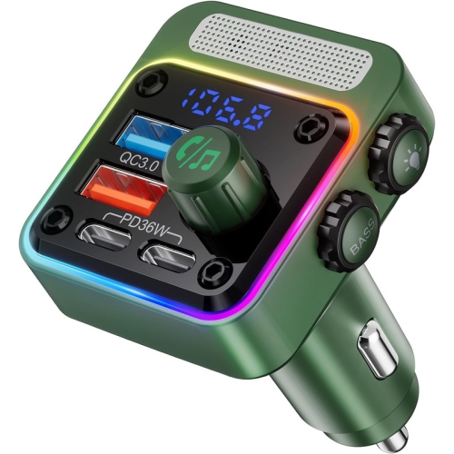 Image 1 de 8.. 54W Bluetooth 5.3 Car Adapter with 4 Charging Ports [PD 36W & QC3.0 18W], Wireless Radio FM Transmitter with Deep Bass Player & 5 Colors LED Backlit,