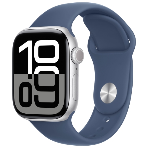 Image 1 of 10.. Open Box - Apple Watch Series 10 42mm Silver Aluminum Case with Denim Sport Band - Small/Medium