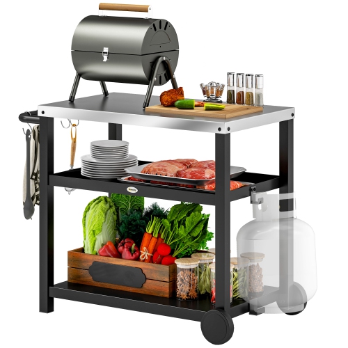 Image 1 de 9.. Barbecue extérieur Outsunny 3, chariot à pizza, surface en acier inoxydable, table de préparation des aliments, îlot de cuisine extérieur avec