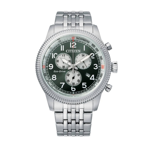 Image 1 de 2.. Montre sport décontractée pour hommes Eco-Drive 42&nbsp;mm de Citizen boîtier et bracelet en inox argenté et cadran vert