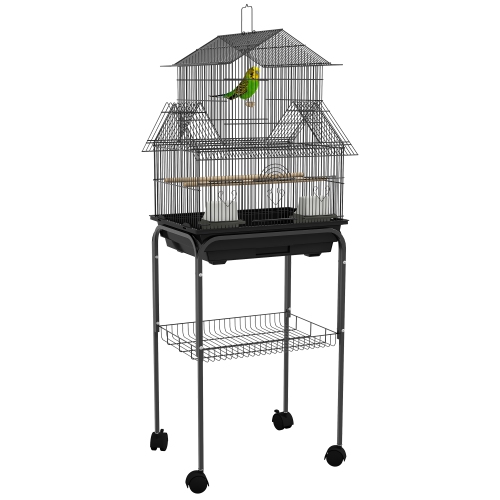 Image 1 de 9.. PawHut 48" Bird Cage for Finches, Canaries, Budgies, Indoor Parrot Cage with Perch, Swing, Food Container, Slide-out Tray, Handle, Stand, Bottom