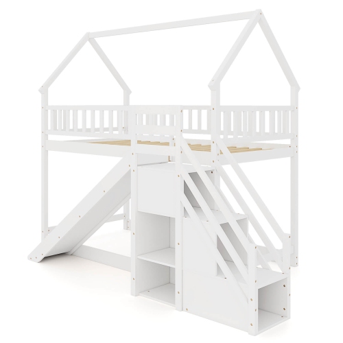 Image 1 de 10.. Lit jumeau superposé avec glissière et escalier avec compartiments de rangement, blanc/gris de Costway