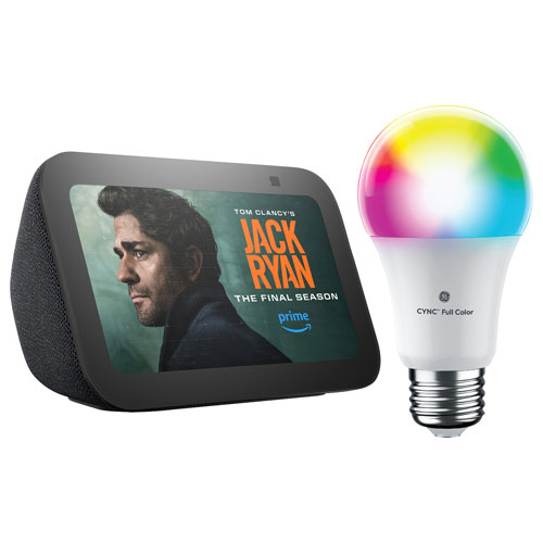 Image 1 de 1.. Écran intelligent Echo Show 5 d'Amazon et ampoule DEL intelligente Cync A19 de GE - Anthracite/Multicolore