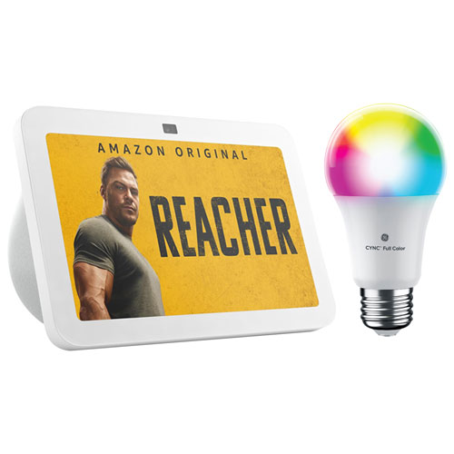 Image 1 de 1.. Écran intelligent Echo Show 8 d'Amazon avec son spatial et Alexa, et ampoule DEL intelligente Cync A19 de GE - Glacier